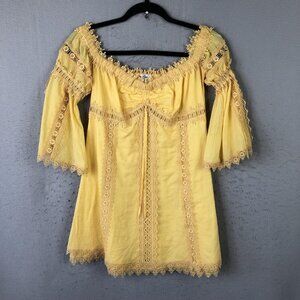 Charo Ruiz Ibiza Dress Womens M Yellow Lace Boho Bell Sleeve Festival Milkmaid